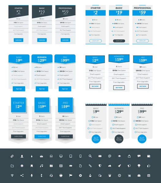 Uppsättning av prissättning tabell designmallar för webbplatser och applikationer. Vector prissättning planer med Ikonuppsättning. Blå och svarta färger. Platt stil vektorillustration — Stock vektor