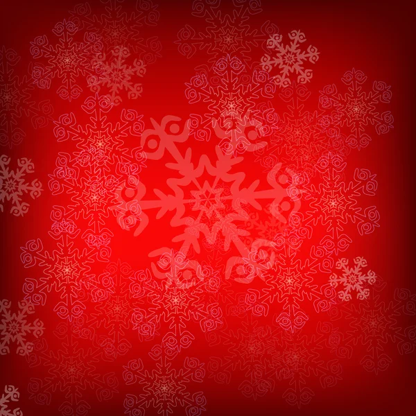 Fondo de copos de nieve de Navidad rojo con luces. Ilustración abstracta del vector. Fondo decorativo para tarjeta de felicitación navideña — Vector de stock