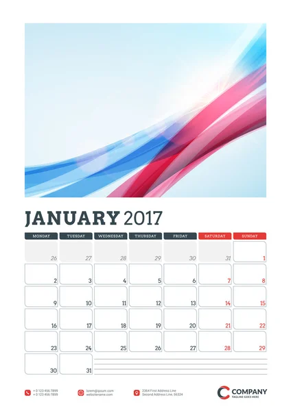 Plantilla de planificador de calendario de pared para 2017 Año. Enero. Plantilla de diseño vectorial con fondo abstracto. La semana comienza el lunes. Orientación al retrato — Vector de stock