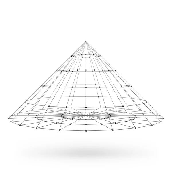 Wireframe veelhoekige geometrische element. Kegel met aaneengesloten lijnen en punten. Vectorillustratie op witte achtergrond met schaduw — Stockvector