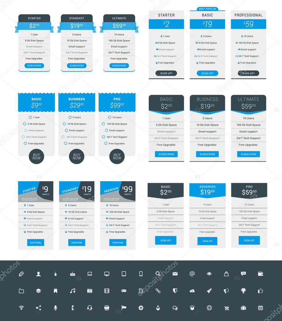 Set of Pricing Table Design Templates for Websites and Applications. Vector Pricing Plans with Icon Set. Blue and Black Colors. Flat Style Vector Illustration