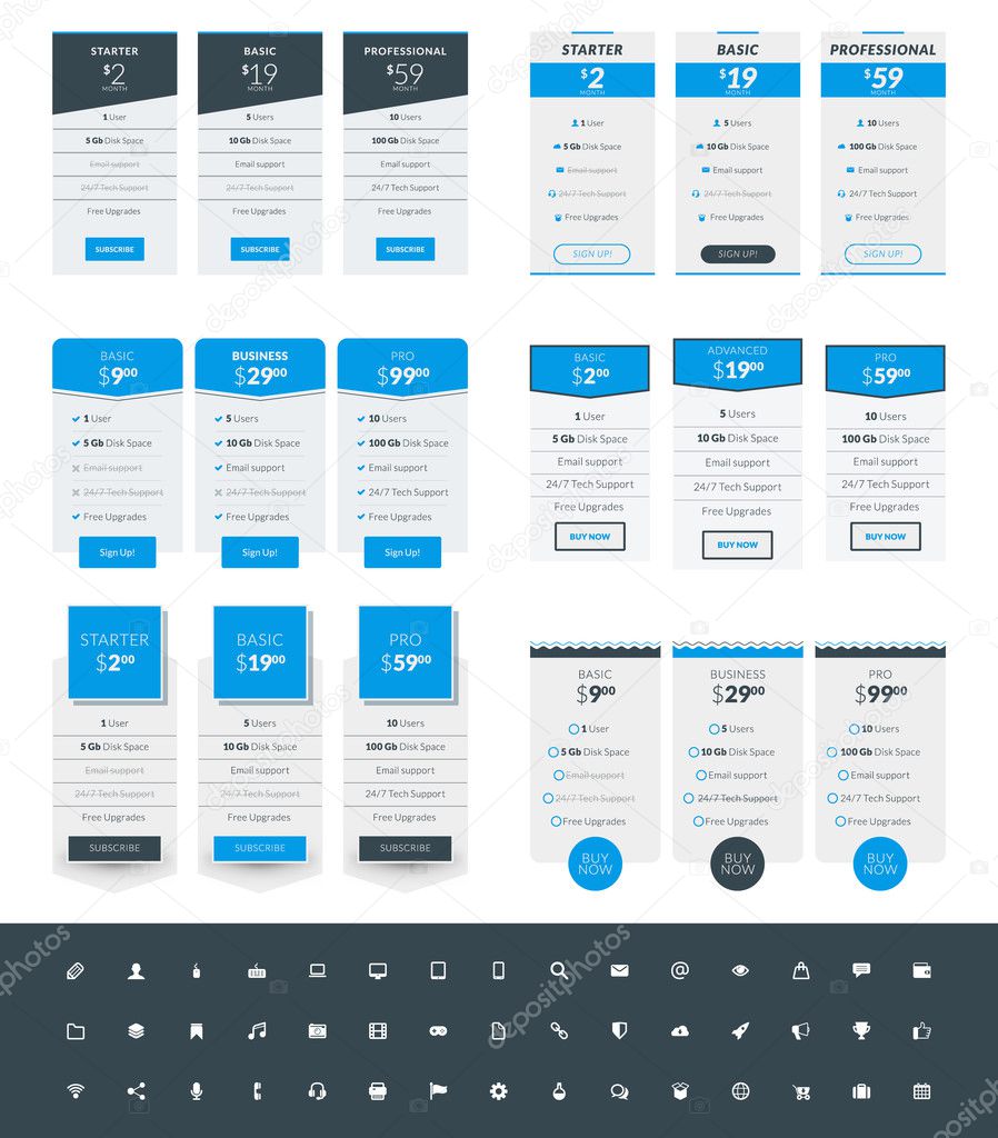 Set of Pricing Table Design Templates for Websites and Applications. Vector Pricing Plans with Icon Set. Blue and Black Colors. Flat Style Vector Illustration