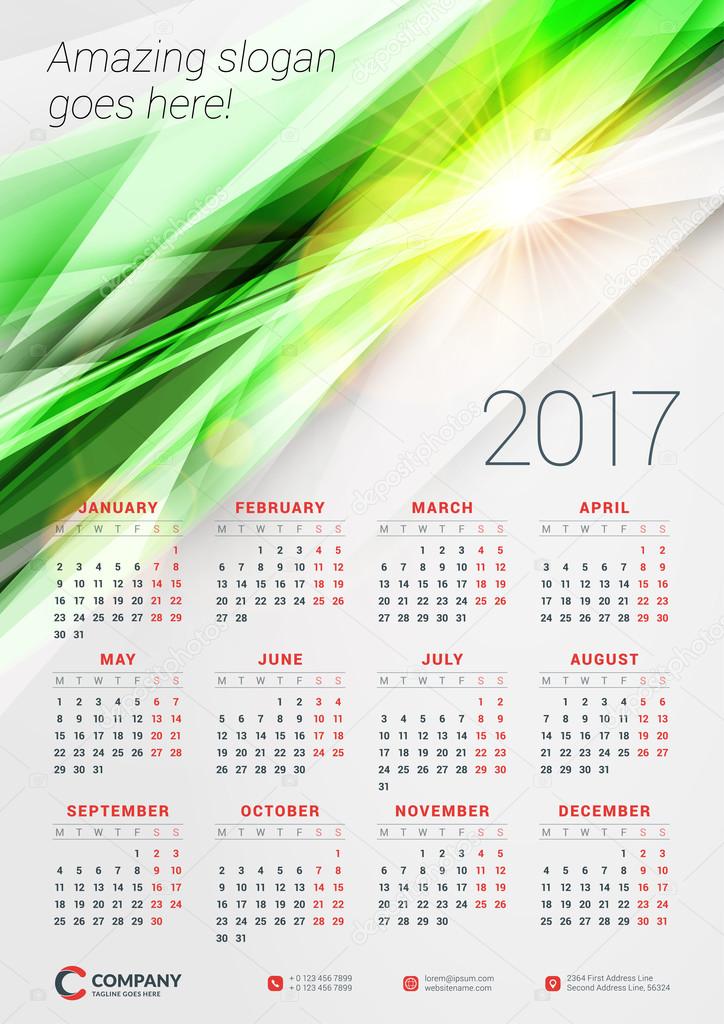 Wall Calendar Poster for 2017 Year. Vector Design Print Template. Stationery Design. Vector Calendar with Abstract Background