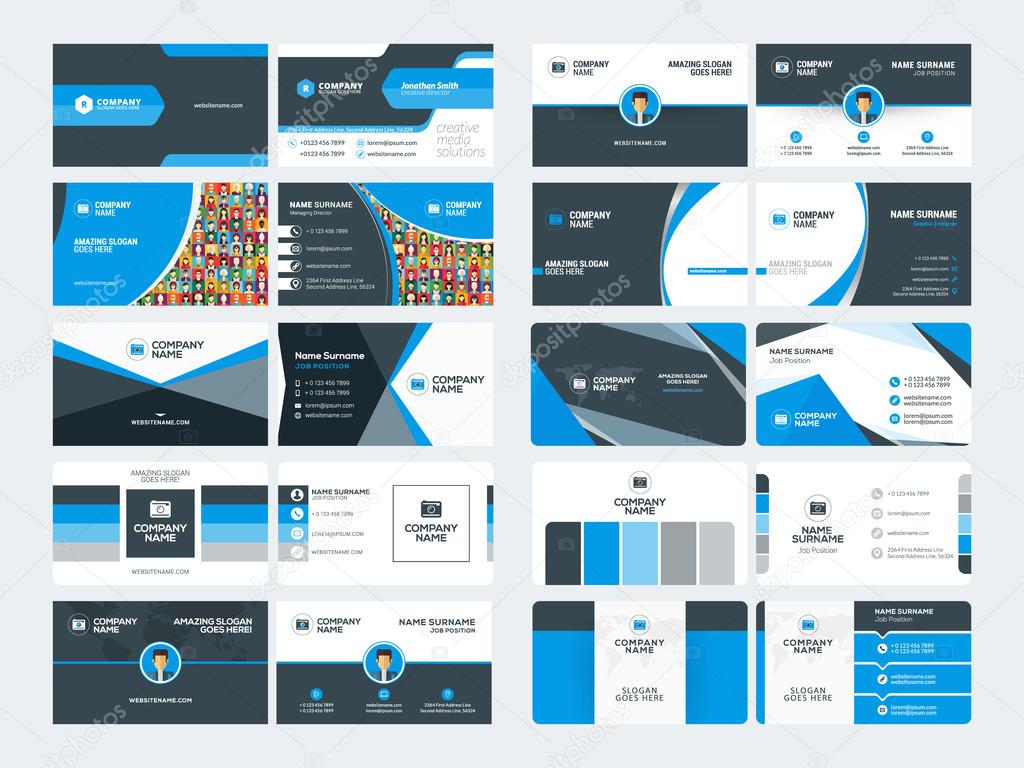 Set of modern creative business card templates. Blue and black colors. Flat style vector illustration. Stationery design