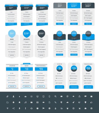 Tablo tasarım şablonları Web siteleri ve uygulamalar için fiyatlandırma kümesi. Vektör simge seti ile planları fiyatlandırma. Mavi ve siyah renk. Düz stil vektör çizim