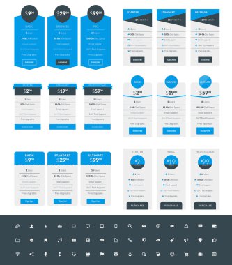 Tablo tasarım şablonları Web siteleri ve uygulamalar için fiyatlandırma kümesi. Vektör simge seti ile planları fiyatlandırma. Mavi ve siyah renk. Düz stil vektör çizim