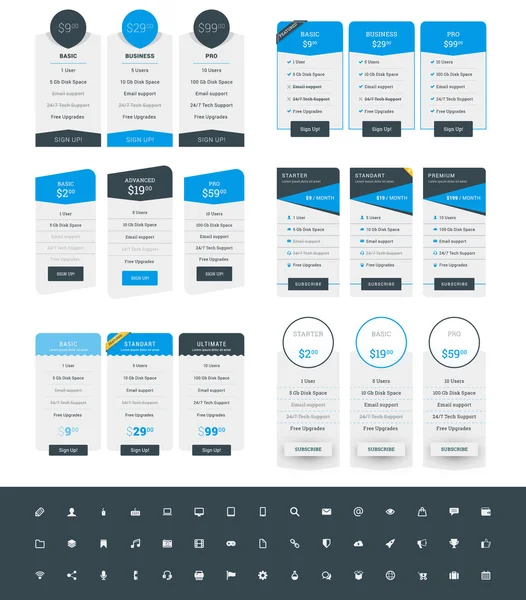 Set of Pricing Table Design Templates for Websites and Applications. Vector Pricing Plans with Icon Set. Blue and Black Colors. Flat Style Vector Illustration — Stock Vector