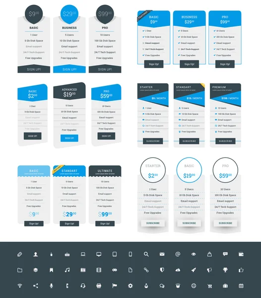 Conjunto de plantillas de diseño de tablas de precios para sitios web y aplicaciones. Planes de precios vectoriales con el conjunto de iconos. Colores Azul y Negro. Estilo plano Vector Ilustración — Vector de stock