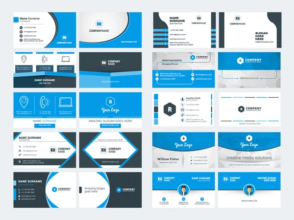 Satz moderner kreativer Visitenkartenvorlagen. blaue und schwarze Farben. flache Vektorillustration. Schreibwarendesign — Stockvektor