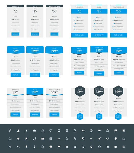 Set de șabloane de proiectare a tabelului pentru site-uri web și aplicații. Planuri de prețuri vectoriale cu set de icoane. Albastru şi negru. Flat Style Vector Illustration — Vector de stoc