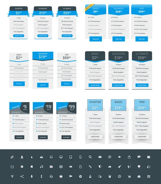 Táblázat Sablonok árazását weboldalak és alkalmazások gyűjteménye. Vektor árazási tervek Icon Set. Kék és fekete színekben. Lapos stílusú vektoros illusztráció — Stock Vector