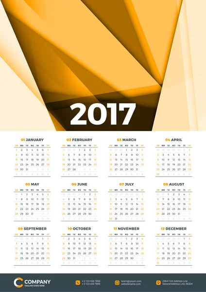 Wall Calendar Poster para 2017 Año. Plantilla de impresión de diseño vector. Diseño de Papelería. Calendario vectorial con fondo abstracto — Vector de stock