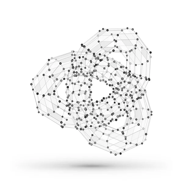 Elemento geométrico poligonal de armazón de alambre abstracto con líneas y puntos conectados. Ilustración vectorial sobre fondo blanco con sombra — Archivo Imágenes Vectoriales
