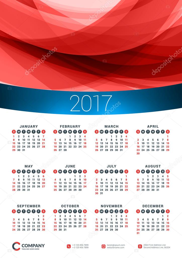 Wall Calendar Poster for 2017 Year. Vector Design Print Template. Stationery Design. Vector Calendar with Abstract Background