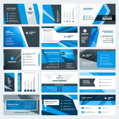 Modern yaratıcı kartvizit şablonları kümesi. Mavi ve siyah renk. Düz stil vektör çizim. İleti örneği tasarım
