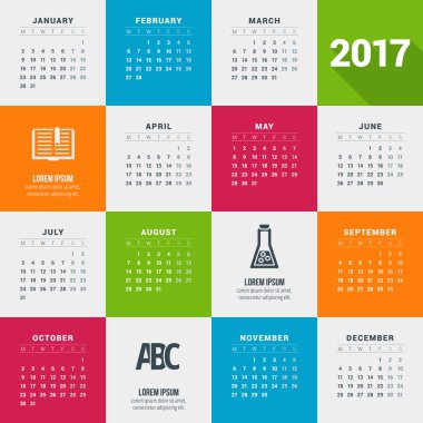 2017 yıl için takvim. Vektör tasarım ileti örneği şablonu. Hafta Pazartesi başlıyor. Vektör çizim