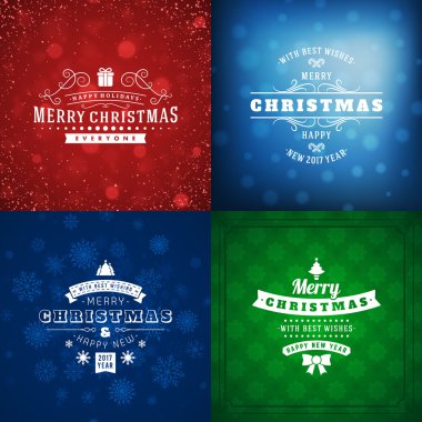 Neşeli Noel ve mutlu yeni yıl dekoratif rozetleri kümesi için tebrik kartları ve davetiyeler. Vektör çizim. Renkli arka plan ile kar taneleri ve ışıklar