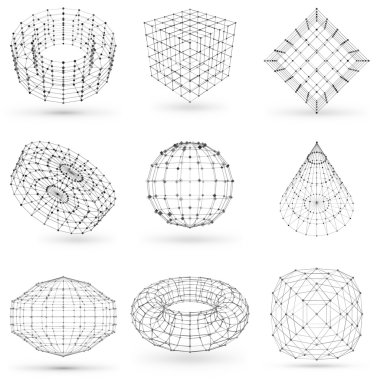 Tel kafes poligonal öğeleri kümesi. Soyut geometrik 3d nesnelerle bağlantılı çizgiler ve noktalar. Vektör çizimleri tonları ile beyaz arka plan üzerinde ayarla
