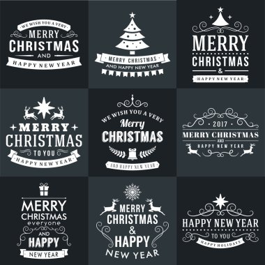 Neşeli Noel ve mutlu yeni yıl dekoratif rozetleri kümesi için tebrik kartları ve davetiyeler. Vektör çizim beyaz ve siyah renkler