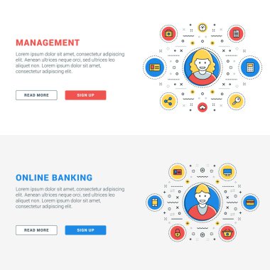 Düz çizgi iş web sitesi başlık sayfası şablonları kümesi. Vektör çizim. Daire modern ince çizgi simgeler. Web afiş ve promosyon malzemeleri için illüstrasyon kavramlar. Yönetimi. Çevrimiçi bankacılık