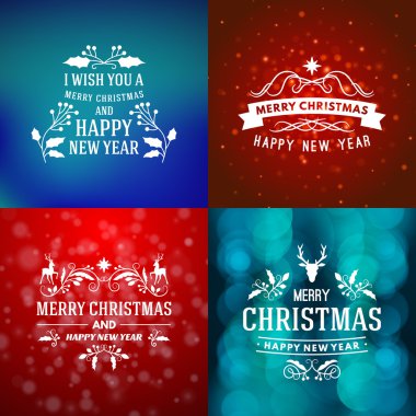 Neşeli Noel ve mutlu yeni yıl dekoratif rozetleri kümesi için tebrik kartları ve davetiyeler. Vektör çizim. Renkli arka plan ile kar taneleri ve ışıklar