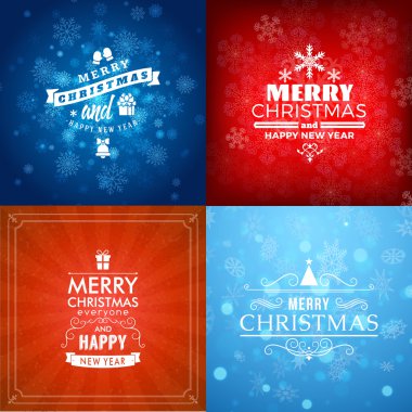 Neşeli Noel ve mutlu yeni yıl dekoratif rozetleri kümesi için tebrik kartları ve davetiyeler. Vektör çizim. Renkli arka plan ile kar taneleri ve ışıklar