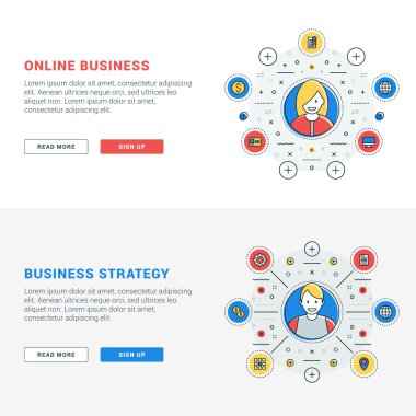 Düz çizgi iş web sitesi başlık sayfası şablonları kümesi. Vektör çizim. Daire modern ince çizgi simgeler. Web afiş ve promosyon malzemeleri için illüstrasyon kavramlar. Online iş. İş st