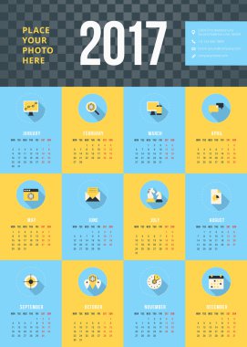 2017 yıl için takvim. Vektör tasarım ileti örneği şablonu ile iş kavramı kutsal kişilerin resmi. Hafta Pazartesi başlıyor. Düz stil renk vektör çizim