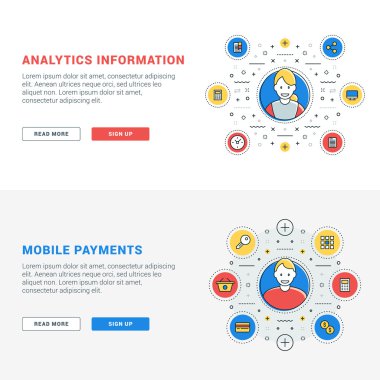 Düz çizgi iş web sitesi başlık sayfası şablonları kümesi. Vektör çizim. Daire modern ince çizgi simgeler. Web afiş ve promosyon malzemeleri için illüstrasyon kavramlar. Analytics bilgi. Mobil