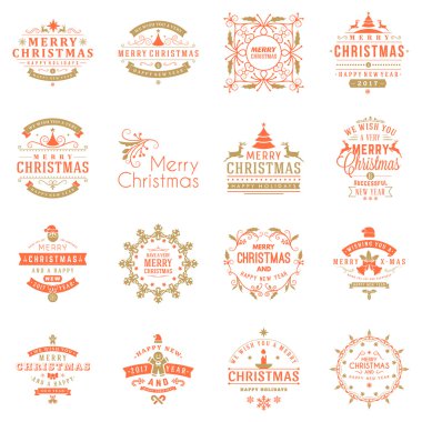 Neşeli Noel ve mutlu yeni yıl dekoratif rozetleri kümesi için tebrik kartları ve davetiyeler. Vektör çizim. Tipografik tasarım öğeleri. Kırmızı ve altın renk teması