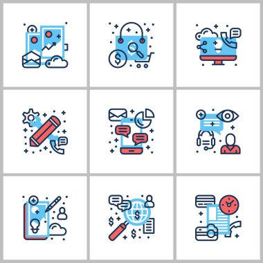 İş ve çalışma. Başlangıçta, web kontrol, istatistik, dokuz simgeler kümesi. Gri, kırmızı ve mavi renkli. Düz vektör çizimler