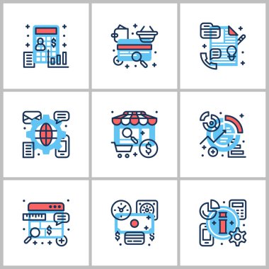 İş ve çalışma. Başlangıçta, web kontrol, istatistik, dokuz simgeler kümesi. Gri, kırmızı ve mavi renkli. Düz vektör çizimler
