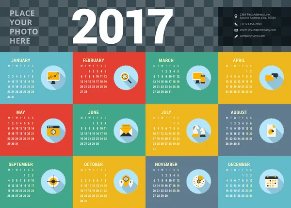 Kalender für 2017 Jahr. Vektor Design Briefpapier Vorlage mit Business-Konzept-Symbole. Die Woche beginnt am Montag. flachen Stil Farbvektor Illustration — Stockvektor
