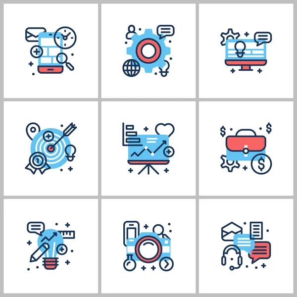 Business and Working. Set of nine icons on startup, web, checking, statistics. Colored in gray, red and blue. Flat vector illustrations — Stockový vektor