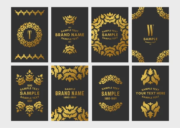 Conjunto de marco de logotipo floral y monograma. Oro sobre fondo negro. Ilustración vectorial. Elementos decorativos para tarjeta de visita, invitación, plantilla de tarjeta de felicitación — Archivo Imágenes Vectoriales