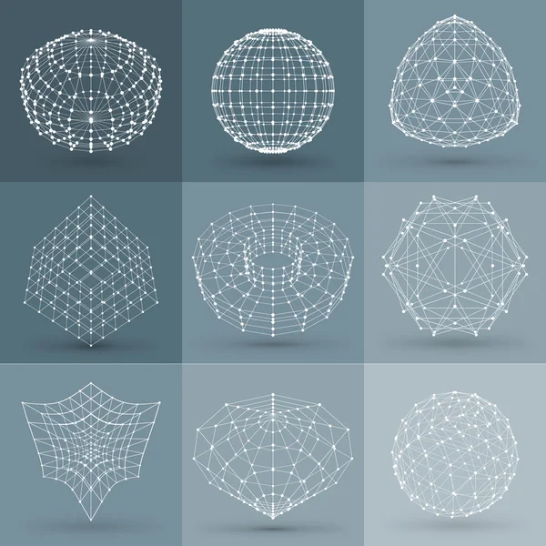 Set of wireframe polygonal elements. Abstract geometric 3D objects with connected lines and dots. Set of vector illustrations on dark grey background — Stock vektor