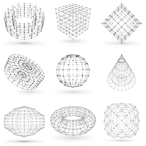 Set of wireframe polygonal elements. Abstract geometric 3D objects with connected lines and dots. Set of vector illustrations on white background with shades — ストックベクタ