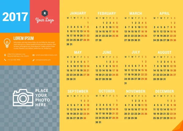 Календарь на 2017 год. Шаблон векторного дизайна. Неделя начинается в понедельник. Векторная иллюстрация — стоковый вектор