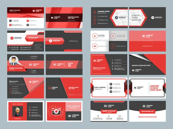 Sjablonen voor visitekaartjes. Briefpapier ontwerpset vector. Rode en zwarte kleuren. Vlakke stijl vectorillustratie — Stockvector