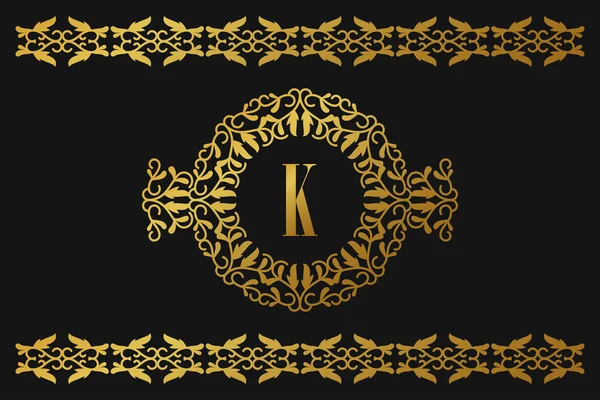 Golden luxurious logo frame. Golden on black background. Vector illustration. Decorative elements for business card, invitation, greeting card template — Stock Vector