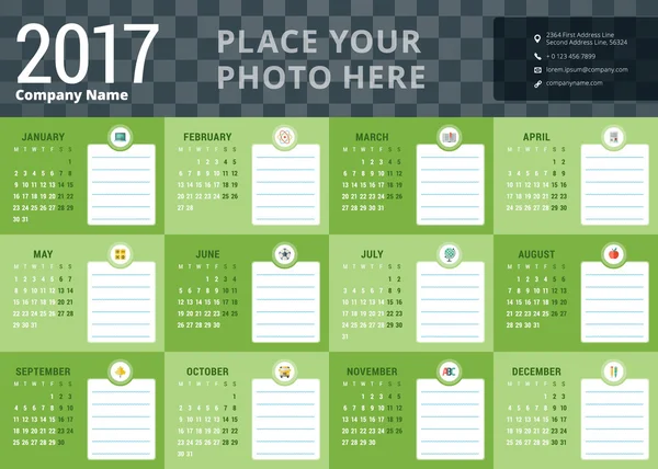 Calendar for 2017 year. School schedule. Vector design stationery template. Week starts Monday. Vector illustration — Διανυσματικό Αρχείο