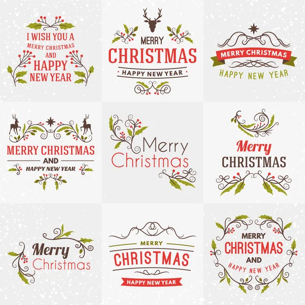 Set von frohen Weihnachten und ein glückliches neues Jahr dekorative Abzeichen für Grußkarten oder Einladungen. Vektorillustration. typografische Gestaltungselemente. rote, grüne und braune Farbe Thema — Stockvektor