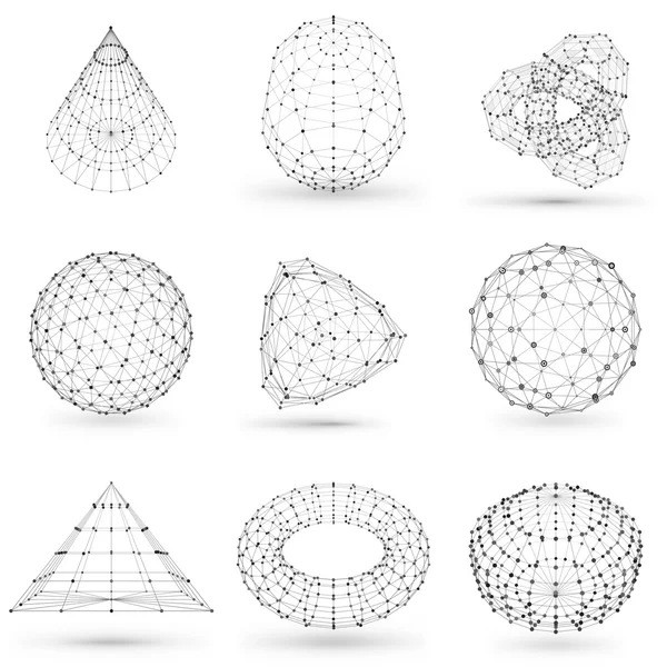 Set of wireframe polygonal elements. Abstract geometric 3D objects with connected lines and dots. Set of vector illustrations on white background with shades — Stock vektor