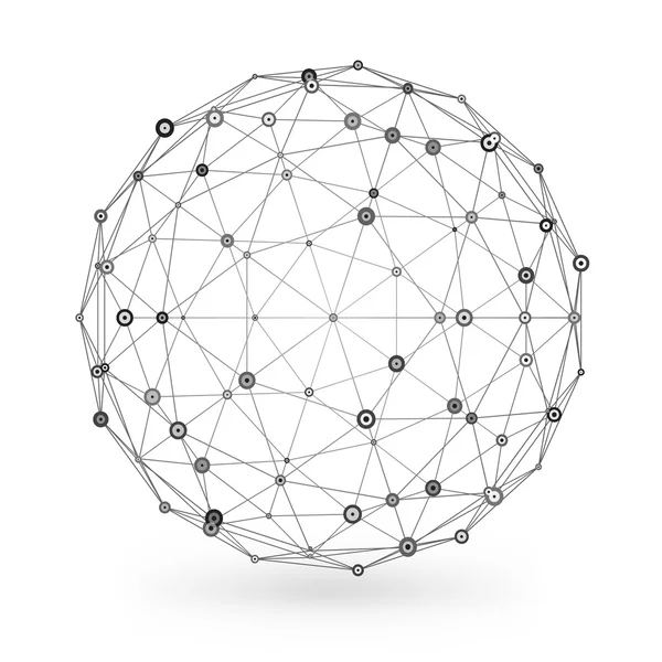 Elemento geométrico poligonal Wireframe. Esfera con líneas y puntos conectados. Ilustración vectorial sobre fondo blanco con sombra — Archivo Imágenes Vectoriales