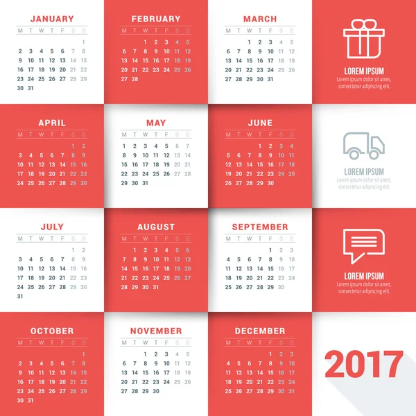 Calendário para 2017 ano. Modelo de papelaria de design vetorial. A semana começa segunda-feira. Ilustração vetorial — Vetor de Stock