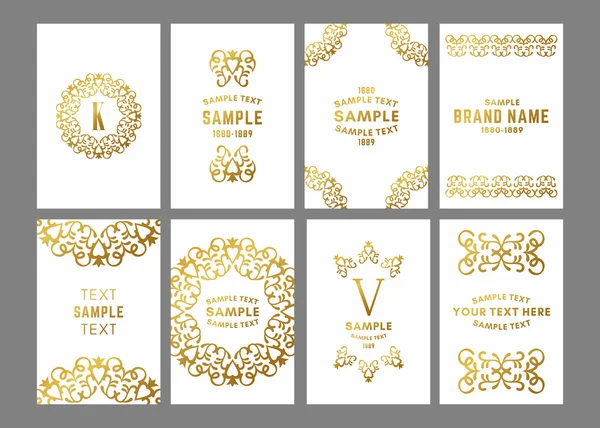 Set of floral logo frame and monogram. Golden on white background. Vector illustration. Decorative elements for business card, invitation, greeting card template — Stock Vector