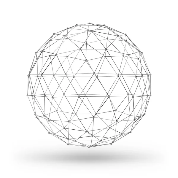 Elemento geométrico poligonal wireframe. Esfera com linhas e pontos conectados. Ilustração vetorial sobre fundo branco com sombra — Vetor de Stock