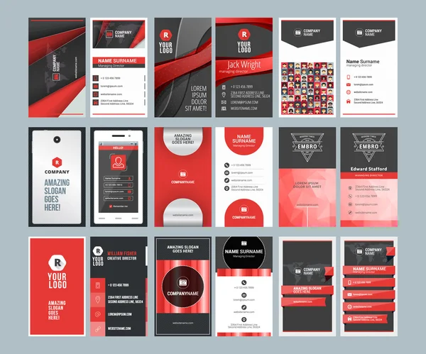 Visitenkartenvorlagen. Schreibwaren Design Vektor Set. rote und schwarze Farben. flache Vektor-Illustration — Stockvektor