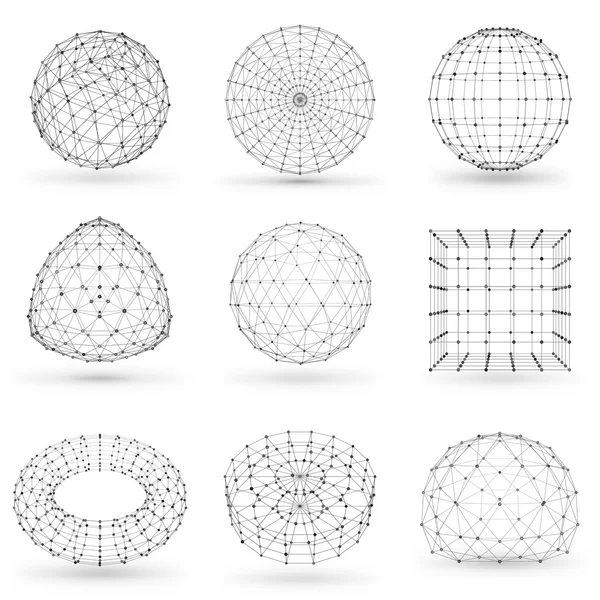 Satz von Drahtgitter-polygonalen Elementen. abstrakte geometrische 3D-Objekte mit miteinander verbundenen Linien und Punkten. Reihe von Vektorillustrationen auf weißem Hintergrund mit Schattierungen — Stockvektor