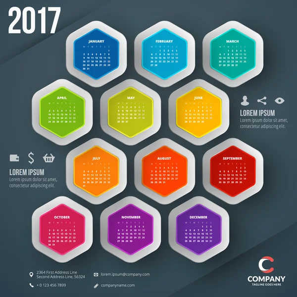 Calendario 2017 año. Plantilla de papelería de diseño vectorial. La semana comienza el lunes. Ilustración vectorial — Vector de stock